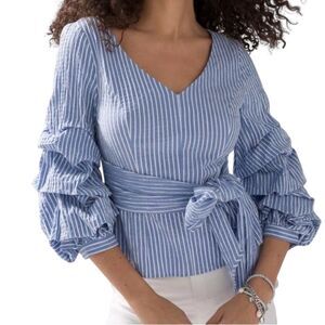 White House Black Market WHBM Smock Blouse Shirt Top Striped Blue 8 bv